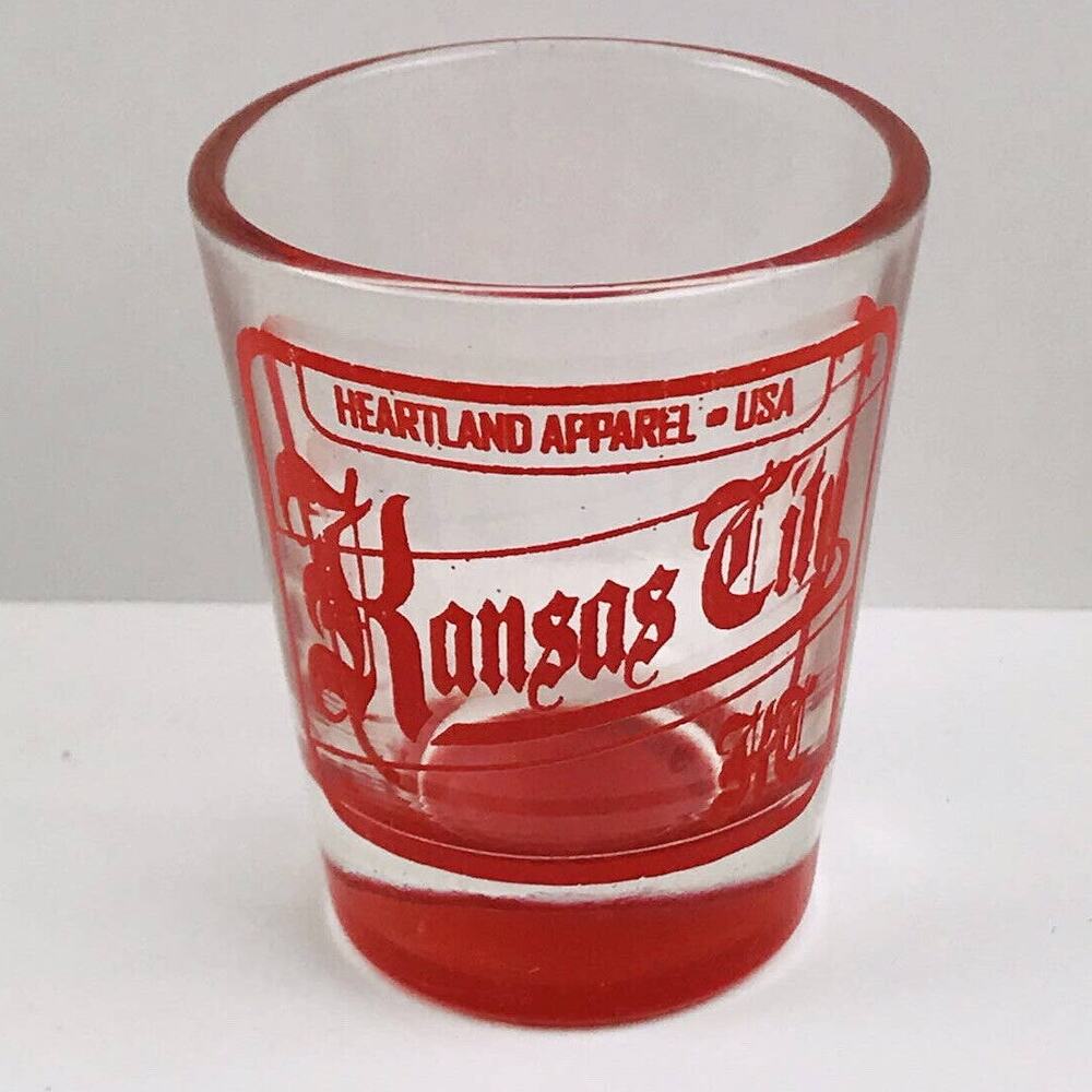 Heartland Apparel Kansas City Shot Glass Whiskey Souvenir Red Bottom RARE